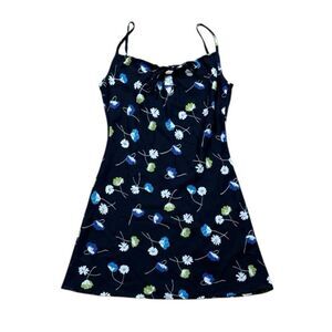 90s Y2K Vintage Black Floral Mini Dress Peek A Boo Scoop Neck M Collection Small